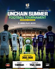 Promotional poster for the 'Onchain Summer Football Tournament' season 2 on Base, scheduled for August 2024 in Seoul, with prize pools of 350,000, 1 Million, and 750,000 and sponsors including Unifi and NFP.