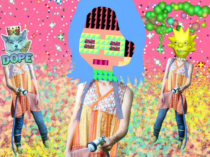 A colorful digital collage featuring a central figure with a blue glitch-effect haircut and pixelated sunglasses, flanked by figures with a cat (labeled 'DOPE') and a yellow creature as heads, all set against a vibrant, noisy background.