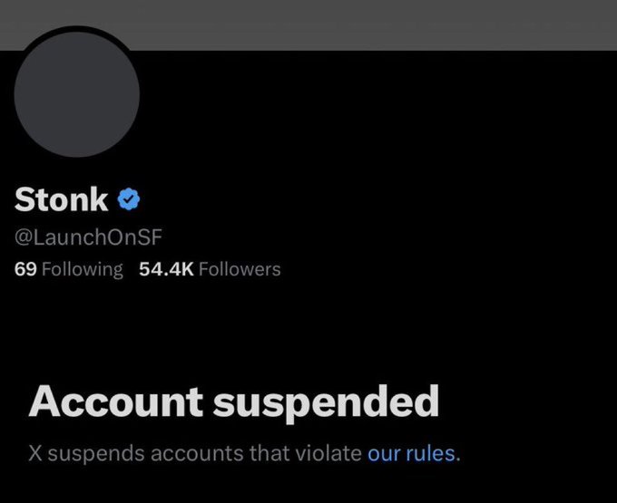 A suspended X account belonging to "Stonk (@LaunchOnSF)" with 54.4K followers is displayed, visually confirming the post's claim that the official Stonk account was suspended despite generating over $500k in revenue on a slow weekend, framing the suspension narrative as a buying opportunity ahead of an all-time high.