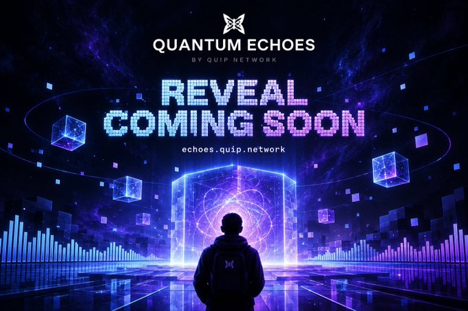 Promotional graphic for 'Quantum Echoes by QUIP NETWORK' announcing 'Reveal Coming Soon' at echoes.quip.network, featuring a hooded figure standing before a glowing portal with floating cubes and audio visualizer bars in neon purple and blue.