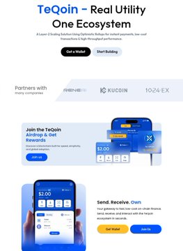 A website screenshot for TeQoin, a one-ecosystem payment solution with low-cost transactions and high-speed performance, featuring partnerships with Bitfinex, KuCoin, and 1024 EX.