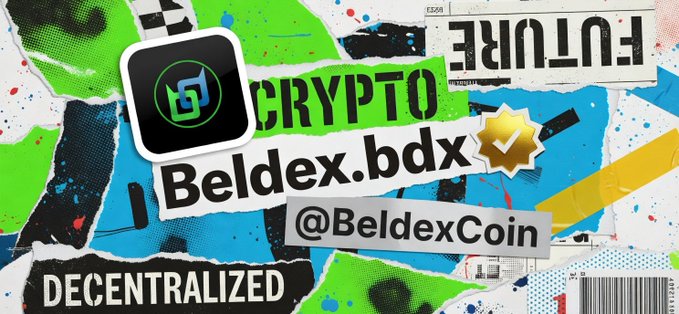 A colorful, collage-style graphic for 'CRYPTO Beldex.bdx' with the handle '@BeldexCoin,' featuring the Beldex logo, a gold verification badge, and the word 'DECENTRALIZED' against a torn paper and paint-splatter background.