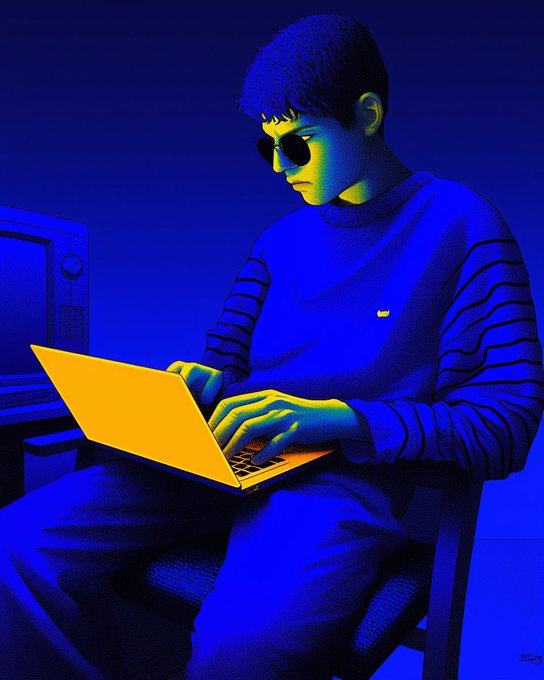 A stylized digital illustration depicts a young man wearing sunglasses, deeply focused on typing on a glowing laptop in a dark blue-lit room, with an old monitor in the background—evoking a late-night, tech-savvy vibe that complements the post's reference to ITIA Tuesday and blockchain art.
