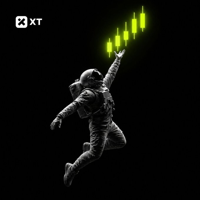 An astronaut floats weightlessly against a black background, reaching up toward a glowing green ascending candlestick chart, with the "XT" logo displayed in the top left corner—visually embodying the quote's message that every major market breakout starts from a single bullish candle.