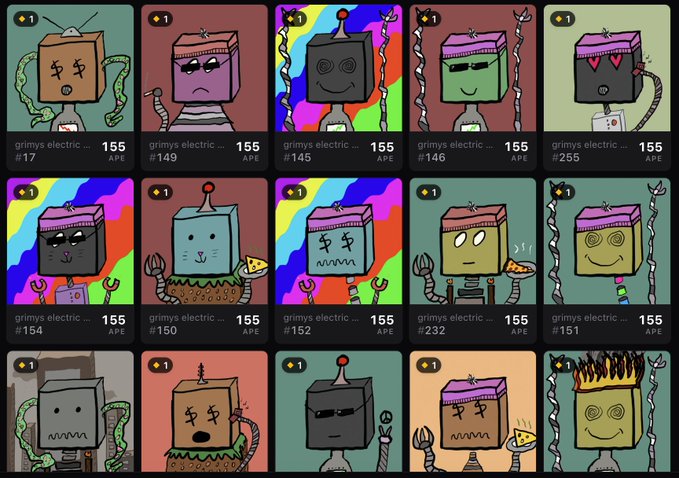 A grid displays 15 cartoonish robot NFT collectibles titled 'grimys electric' with various traits, each priced at 155 APE.