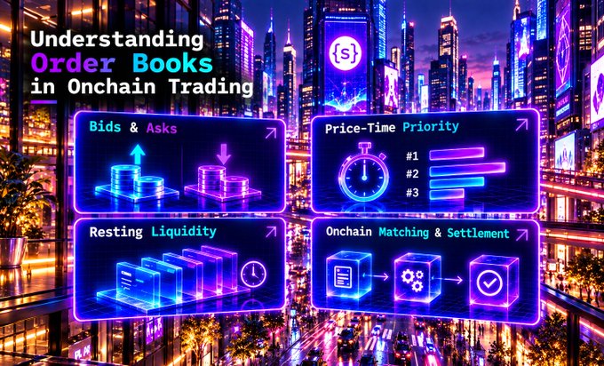 A neon-styled infographic titled 'Understanding Order Books in Onchain Trading' illustrates concepts including Bids & Asks, Price-Time Priority, Resting Liquidity, and Onchain Matching & Settlement.
