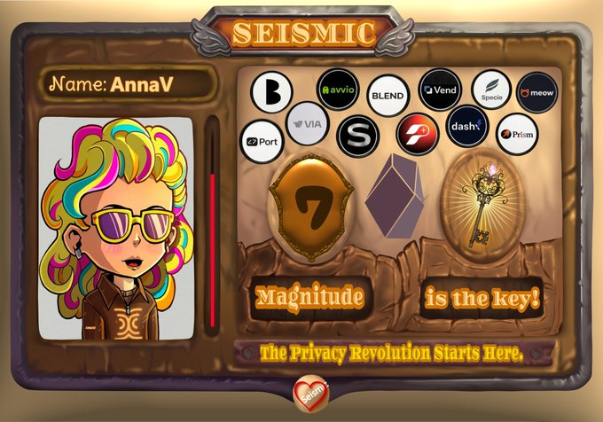 The image shows a Seismic-themed profile board featuring the user "AnnaV" with a colorful-haired cartoon avatar, surrounded by partner logos (Blend, Vend, Spaceid, VIA, Port, Prism, etc.), a "Magnitude is the key!" tagline, and the slogan "The Privacy Revolution Starts Here." It serves as a custom promotional relic board highlighting the Seismic ecosystem and its affiliated projects, tying into the post's appreciation of Alli's design work.