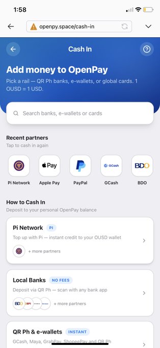 A mobile screenshot of OpenPay's "Cash In" page at openpay.space/cash-in, showing options to add money via QR Ph banks, e-wallets, or global cards, with Pi Network, Apple Pay, PayPal, GCash, and BDO listed as recent partners.