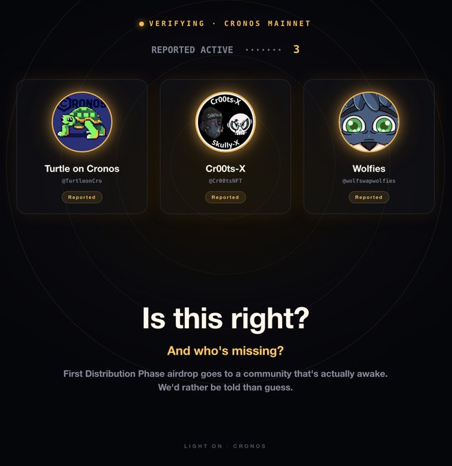 The image displays a verification interface for "Cronos Mainnet" showing three reported active communities: Turtle on Cronos (@TurtleonCro), Cr00ts-X (@Cr00tsNFT), and Wolfies (@wolfswapwolfies), each marked as "Reported" with 3 total active. The caption below asks "Is this right? And who's missing?" referencing the first Distribution Phase airdrop, directly aligning with the post's message about rewarding active Cronos communities.