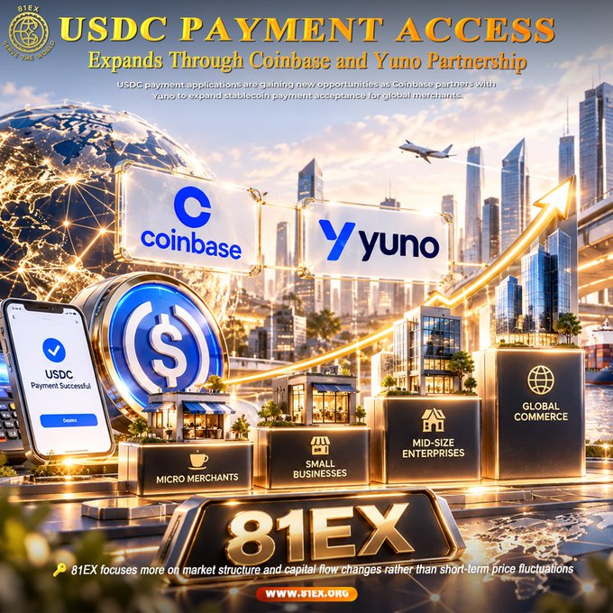 The image is a promotional graphic for "81EX" titled "USDC PAYMENT ACCESS Expands Through Coinbase and Yuno Partnership," featuring logos for Coinbase, Yuno, and USDC alongside a smartphone showing a successful payment, a glowing USDC coin, and tiered blocks representing "Micro Merchants," "Small Businesses," "Mid-Size Enterprises," and "Global Commerce." A growth arrow and modern cityscape backdrop emphasize the expansion of USDC stablecoin payment acceptance to merchants of all sizes through the Coinbase-Yuno partnership, as noted in the accompanying post.