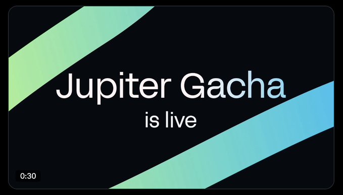 A graphic with a black background and teal/green diagonal stripes announcing 'Jupiter Gacha is live' in white text, with a timer showing 0:30 in the bottom left corner.