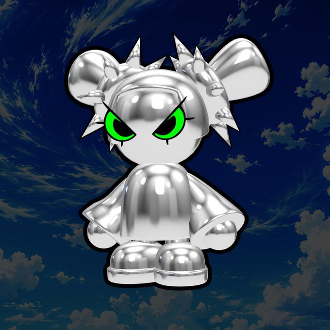 A metallic silver figurine with bright green eyes and spiked hair stands against a dramatic blue sky with clouds.
