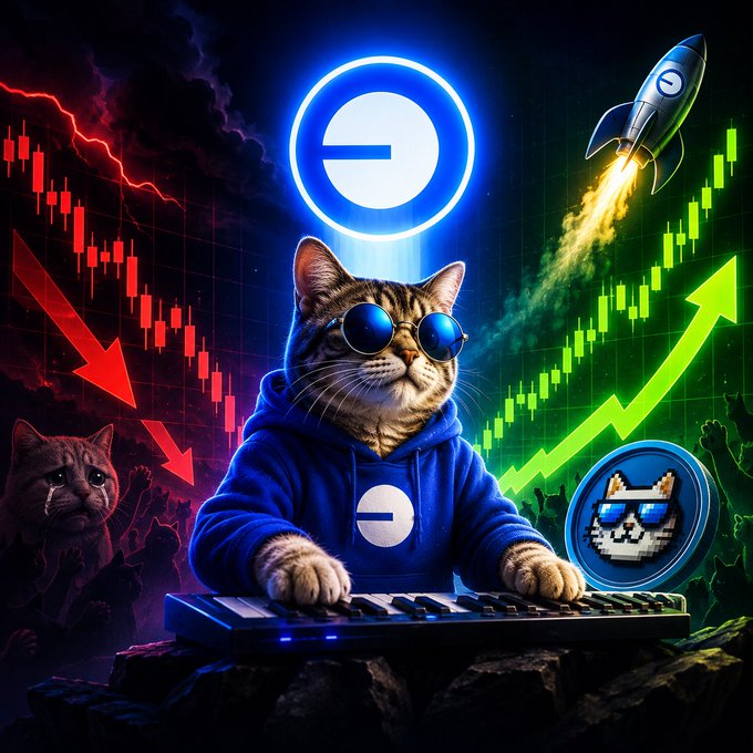 A digital illustration of a cat wearing sunglasses and a blue hoodie playing a keyboard, with a cryptocurrency logo, a rocket, and trading charts in the background.