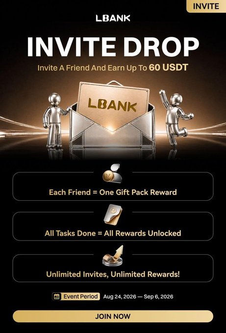 This image is a promotional banner for LBank's "INVITE DROP" campaign, inviting users to refer friends and earn up to 60 USDT per referral. The black and gold ad highlights three key milestones—earning a Gift Pack per friend, unlocking rewards by completing all tasks, and unlimited invites for unlimited rewards—running from August 24 to September 6, 2026, with a "JOIN NOW" call-to-action button. It visually complements the post by promoting the same referral program and reward structure mentioned.