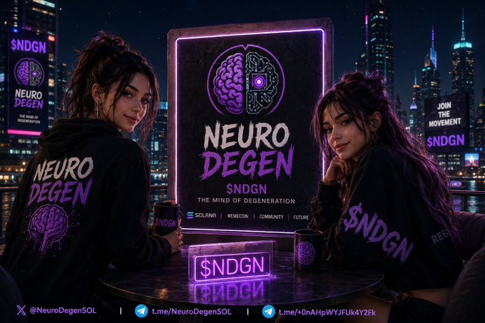 A promotional image for 'NEURO DEGEN $NDGN' showing two women in branded hoodies sitting at a table with neon signs and a brain-circuitry logo against a nighttime cityscape.