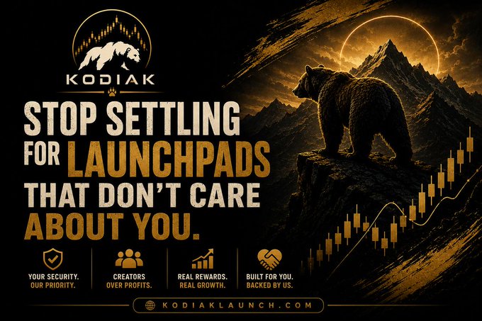 A promotional graphic for 'KODIAK' featuring a bear on a mountain with text reading 'STOP SETTLING FOR LAUNCHPADS THAT DON'T CARE ABOUT YOU' and website kodiaklaunch.com.