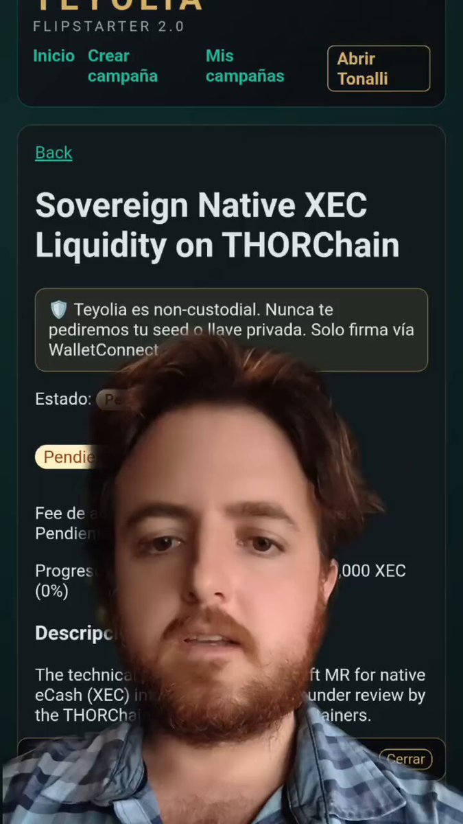 The image shows a man with a beard wearing a blue and white plaid shirt, looking at his phone screen. The text displayed on the screen reads "Sovereign Native XEC Liquidity on Thorchain", which seems to be an update or news related to native currency trading on the Ethereum blockchain.