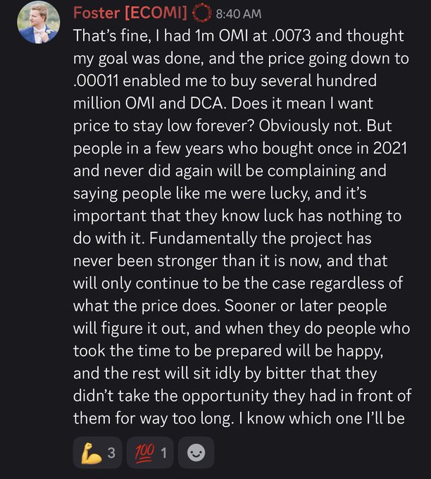A Discord message from 'Foster [ECOMI]' explaining his trading strategy of dollar-cost averaging into OMI at low valuations and expressing confidence in the project's long-term fundamentals.
