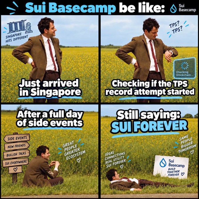 A four-panel meme in the "Mr. Bean Waiting" format titled "Sui Basecamp be like:" shows a man in a brown suit arriving in Singapore, checking the TPS record, attending side events, and finally lying in a field declaring "SUI FOREVER," promoting the Sui Basecamp event in Singapore on October 7–8, 2026.