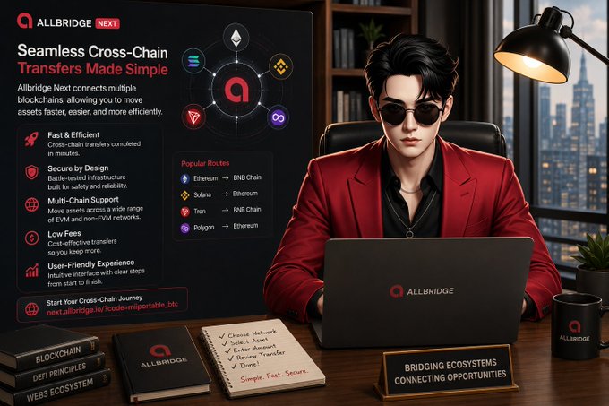 A promotional graphic for 'ALLBRIDGE NEXT' featuring a young man in sunglasses and a red blazer at a laptop, advertising 'Seamless Cross-Chain Transfers Made Simple' with popular routes between Ethereum, Solana, Tron, Polygon, and BNB Chain.