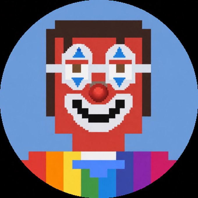 A pixel art portrait of a clown-like character with white and blue face paint, round glasses, a red nose, and a rainbow-colored shirt against a blue background.