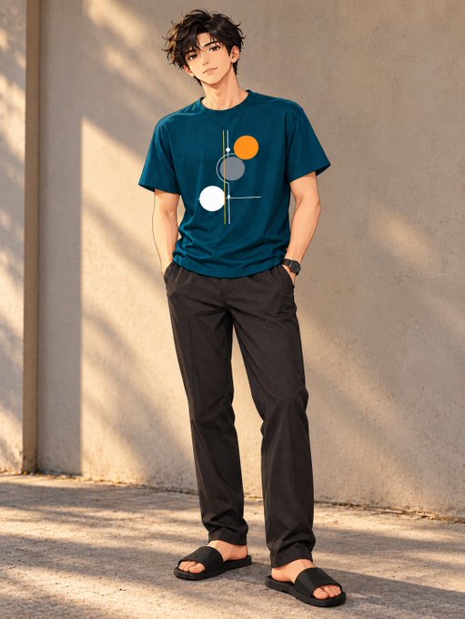 An anime-style illustration of a young man with messy dark hair wearing a teal graphic t-shirt, dark trousers, and sandals, posing against a sunlit concrete wall.