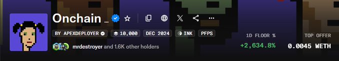 A pixel art NFT listing titled 'Onchain...' by APEXDEPLOYER, showing details like 10,000 supply, DEC 2024, INK, PFPS, and a top offer of 0.0045 WETH.