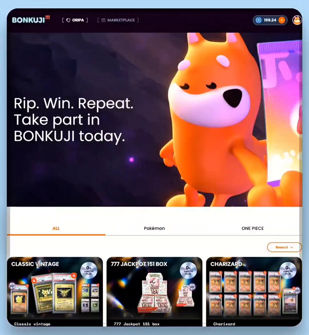 The image shows a screenshot of the Pokemon trading card marketplace website called Bonkui. It features colorful images and graphics representing various Pokemon items such as cards, figurines, and collectible boxes. The post suggests that users can instantly rip or trade any packs opened on the site, and there are options to buy, sell, and even redeem these items in real life using the currency system called BONKUJI.