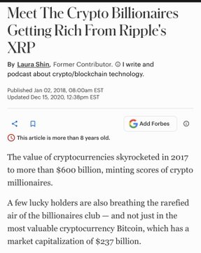 The image shows a screenshot of a news article about Bitcoin and Ripple, which appears to be posted by Laura Shin. The headline reads "Meet The Crypto Billionaires Getting Rich From Ripple's XRP", indicating that the article is discussing the financial gains from Ripple cryptocurrency. The text in the image provides more information about the article, stating that it was published on CoinMarketCap and that Ripple would undergo every attack imaginable in the years to come.