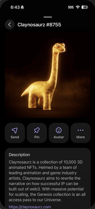 The image shows a digital wallet interface displaying a 3D-rendered golden brontosaurus NFT titled "Claynosaurz #8755," with a description noting it's a collection of 10,000 3D animated NFTs. The post celebrates acquiring this new Claynosaurz NFT with hopes of long-term holding, directly matching the golden dinosaur artwork shown.