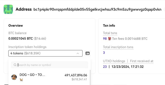 A cryptocurrency wallet dashboard showing address bc1p4pkr90vrqspmfddpIde05v55geIkcjwhsu93c9m5zu9gwwwgz0qap0vkn with 0.00021045 BTC ($16.66) and 4 inscription token holdings worth $618.35K, including a DOG•GO•TO... token valued at $618,341.41 with 491,437,896.06 supply.
