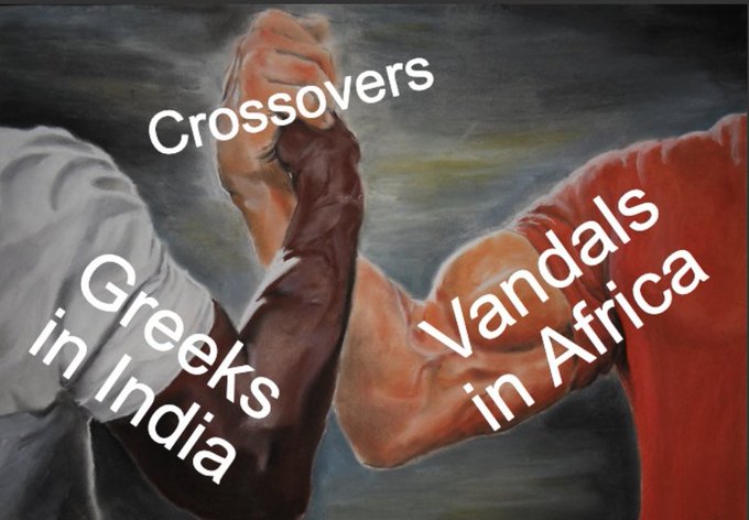 The image shows two muscular arms gripping each other in an arm-wrestling pose, painted in an artistic style with one arm appearing lighter and the other in red tones. Text overlays read "Crossovers," "Greeks in India," and "Vandals in Africa."