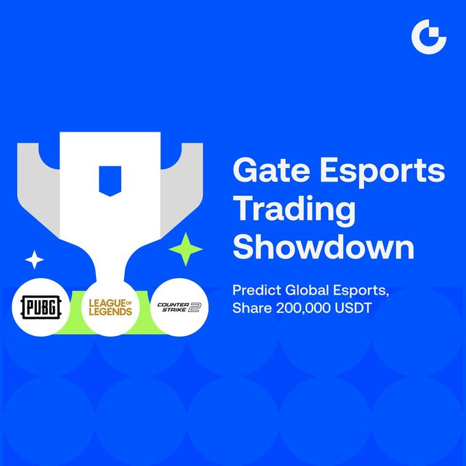 This image promotes the "Gate Esports Trading Showdown", inviting users to predict global esports events across PUBG, League of Legends, and Counter-Strike for a chance to share 200,000 USDT.