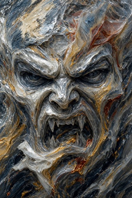 A detailed digital painting or illustration of a menacing demonic face with sharp fangs, rendered in thick, textured brushstrokes with gray, white, and rust-orange tones, giving it a fierce and grotesque appearance.