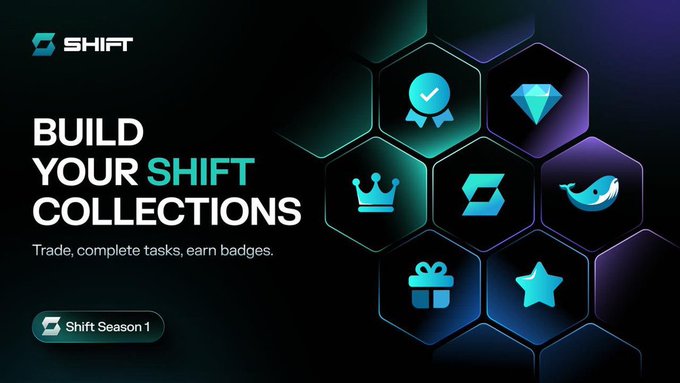 The image features a website cover that displays an array of shapes, predominantly blue and black colors. The logo for the Shift platform is prominently placed at the top left corner, accompanied by text that reads "Build Your Shift Collections Season 1". Below the logo, there are various icons representing elements related to shift trading activities such as a whale image, a trophy icon, a star symbol, and a gift bag icon. The layout suggests an emphasis on tradeable assets and a creative marketplace for cryptocurrency enthusiasts.