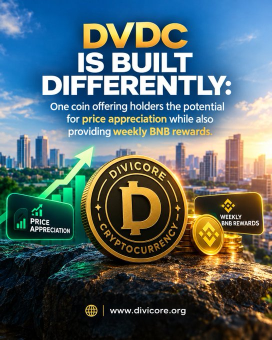 A promotional graphic for the cryptocurrency 'DVDC DIVICORE' advertising 'PRICE APPRECIATION' and 'WEEKLY BNB REWARDS' with the website 'www.divicore.org' against a city skyline background.