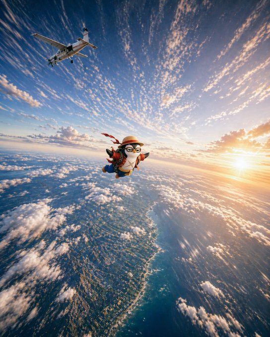 iced air show with a white airplane and a cartoon character flying through the sky, surrounded by fluffy clouds at sunset.