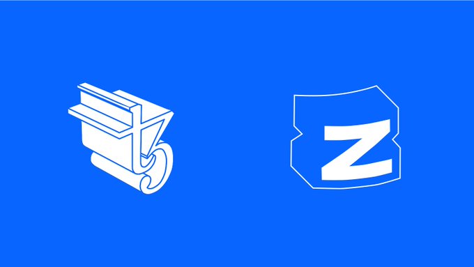 Two white line-art logos on a blue background: a 3D printer/chair icon and a shield with the letter 'Z'.