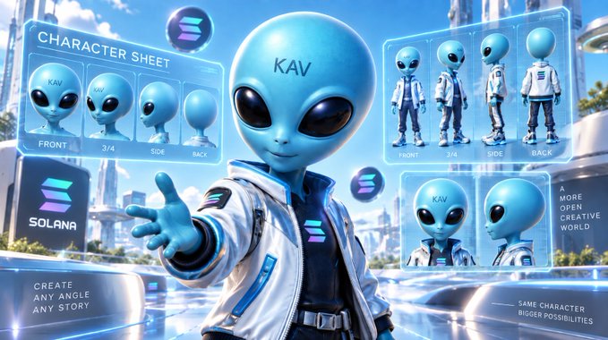 A promotional graphic for a Solana-based NFT project featuring a blue alien character named 'KAV' displayed in a character sheet with front, 3/4, side, and back views, along with text reading 'CHARACTER SHEET,' 'SOLANA,' 'CREATE ANY ANGLE ANY STORY,' and 'A MORE OPEN CREATIVE WORLD.'