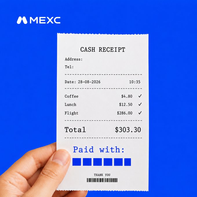 A hand holds a cash receipt against a blue background showing purchases of Coffee ($4.80), Lunch ($12.50), and a Flight ($286.00) totaling $303.30, paid via the MEXC card. The MEXC logo appears in the top left, illustrating how everyday transactions can be completed with the card.