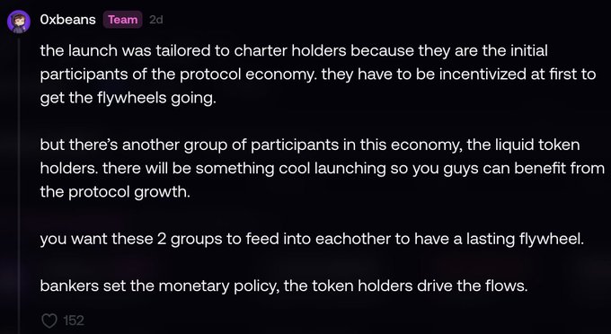 A Discord message from user Oxbeans (Team) explaining that the launch was tailored to charter holders as initial participants of the protocol economy, mentioning upcoming benefits for liquid token holders and the relationship between bankers who set monetary policy and token holders who drive flows (152 reactions).