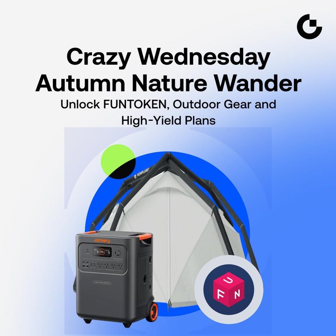 Promotional graphic for "Crazy Wednesday Autumn Nature Wander" featuring a HEIMPLANET Backdoor Tent, a Jackery portable power station, and a FUNTOKEN logo, advertising rewards including the tent and FUNTOKEN tokens.