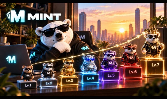 Digital artwork promoting 'MINT' featuring an anthropomorphic polar bear in sunglasses and hoodie working on a laptop, alongside a lineup of 7 bear mascot figurines on pedestals labeled Lv.1 through Lv.7, with city skyline and sunset in the background.