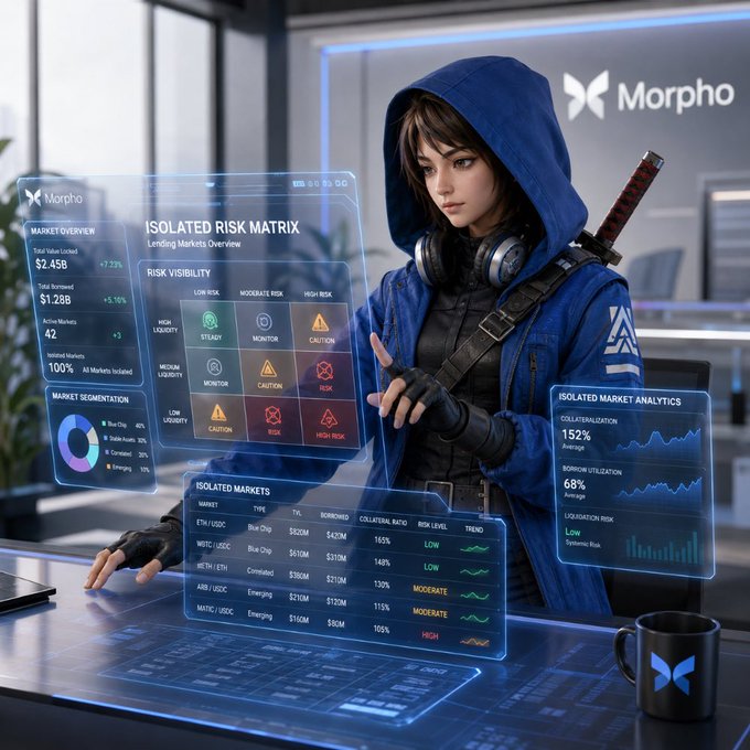 A futuristic scene features a woman in a blue hooded jacket with a katana on her back, interacting with holographic displays showing 'Morpho' branding and an 'ISOLATED RISK MATRIX' with market data.