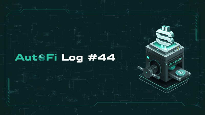 The image features a green background with white text that reads "AutoFi Log #44". The text also includes an image of a machine, possibly a 3D printer or a robot, which has a dollar sign symbol on top. The text suggests that this machine is part of a new currency system called AutoFi, and it is being used to mint money for the flow. The post also mentions that there are 50k+ units of this currency in circulation, indicating its popularity and value.