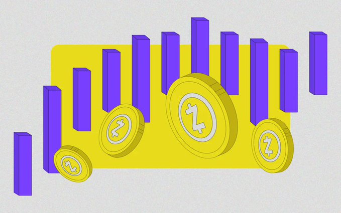 A stylized yellow-and-purple cryptocurrency illustration shows vertical bars and several Bitcoin-like coins marked with a currency symbol.