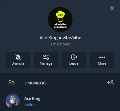 A mobile app interface shows a group chat or community page titled 'Ace King x vibe/vibe creators' with 3 members, featuring 'Unmute', 'Manage', 'Leave', and 'More' buttons.