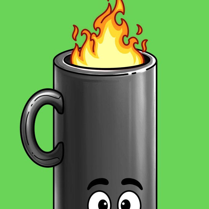 A cartoon-style illustration of a black mug with a face, topped with flames, set against a green background.