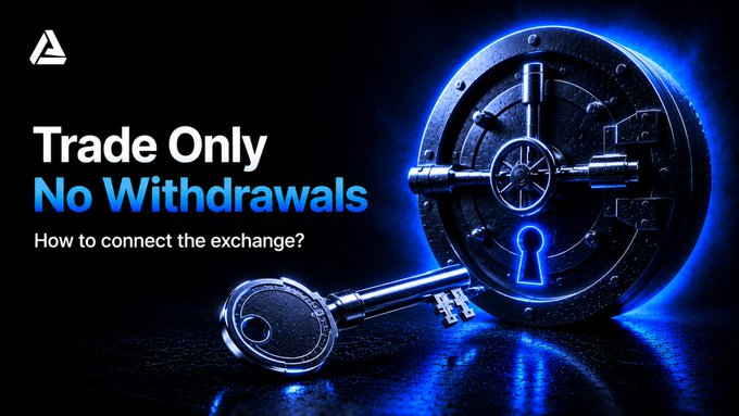 The image shows a dark vault door with a glowing blue key inserted into its lock, alongside the text "Trade Only No Withdrawals - How to connect the exchange?" and a logo in the top left corner.

The image's visual metaphor of a secured vault with a limited-use key perfectly illustrates the post's message about API keys with restricted permissions—locking away withdrawal capabilities while allowing trading access, so the "key" can only open certain doors, not access the assets inside.