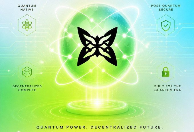A green and blue promotional graphic featuring a black butterfly-like logo on a glowing green sphere, surrounded by text including 'QUANTUM NATIVE', 'POST-QUANTUM SECURE', 'DECENTRALIZED COMPUTE', 'BUILT FOR THE QUANTUM ERA', and the tagline 'QUANTUM POWER. DECENTRALIZED FUTURE.'